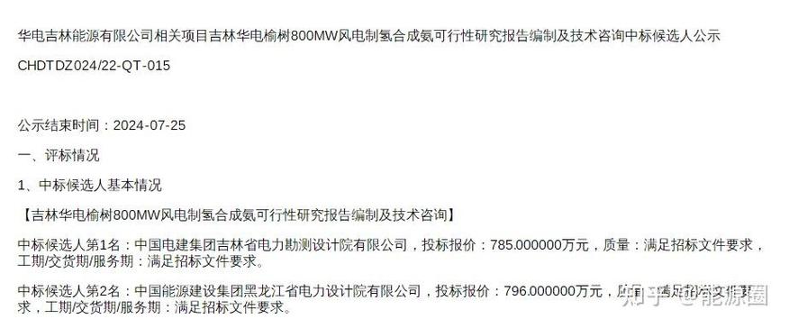 800mw风电制氢合成氨可行性研究报告编制及技术咨询中标候选人公示